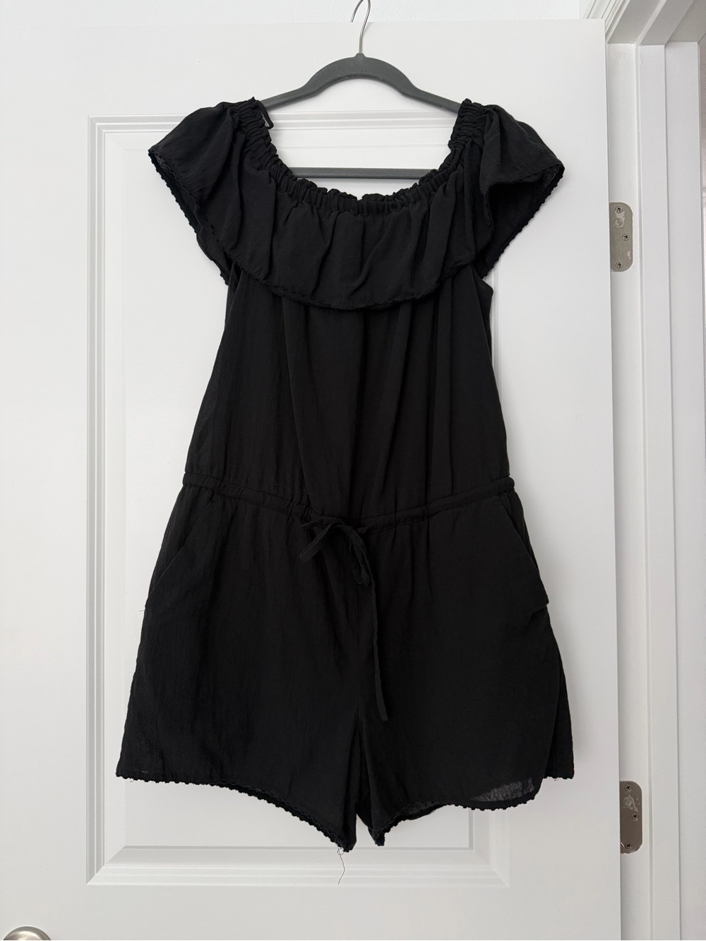 LOFT Black Off-Shoulder Drawstring Romper